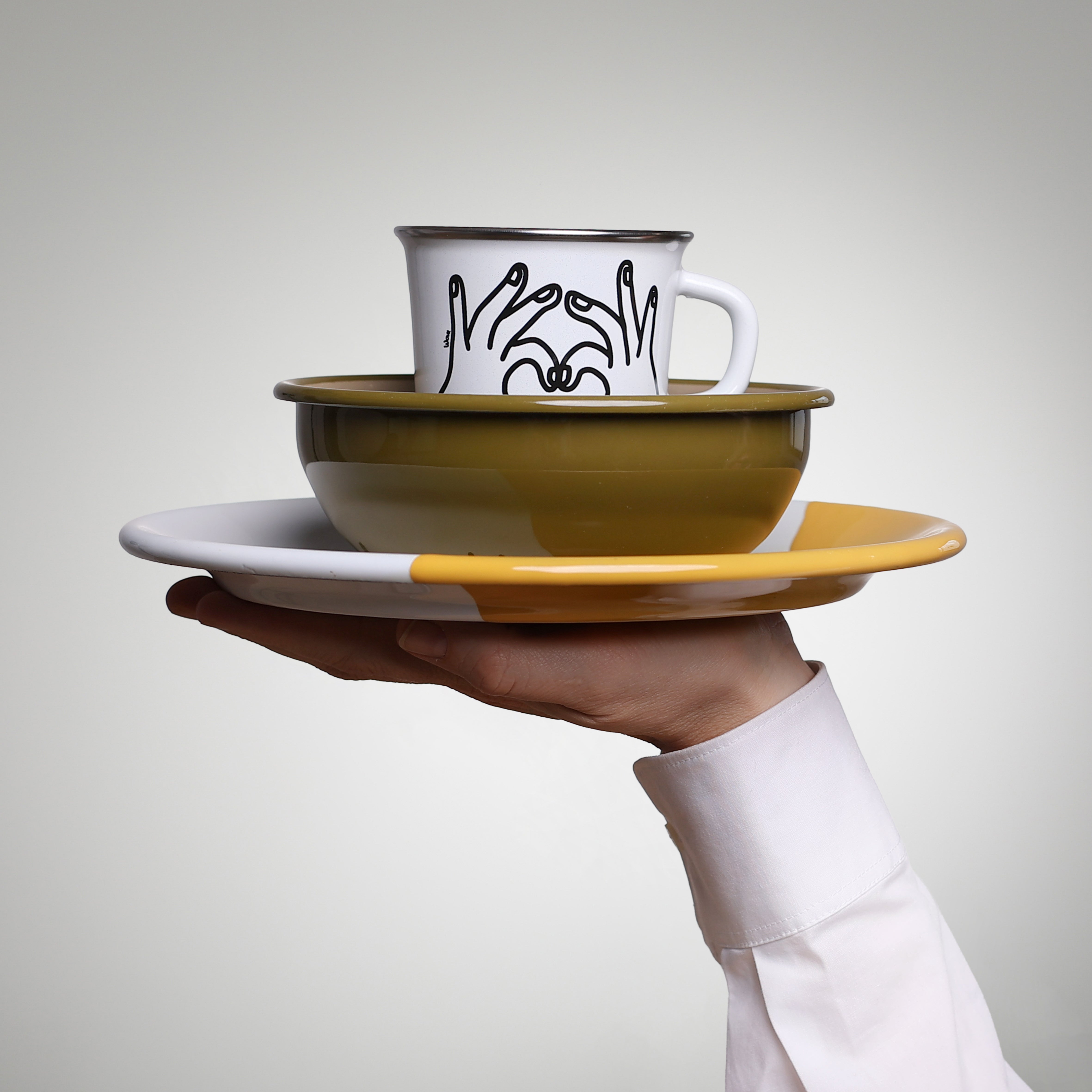 Emaille Trio YIV ONE - Geschirr Set Camping – Henkeltasse, Schale & Teller Ø 25 cm