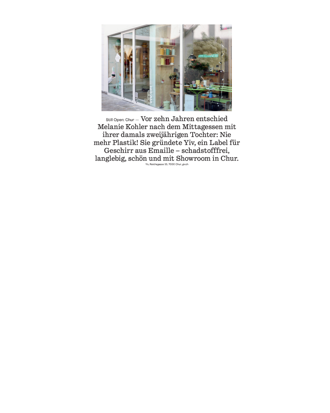 YIV Showroom in Chur mit Emaille-Geschirr, vorgestellt in der annabelle, Rubrik Still Open