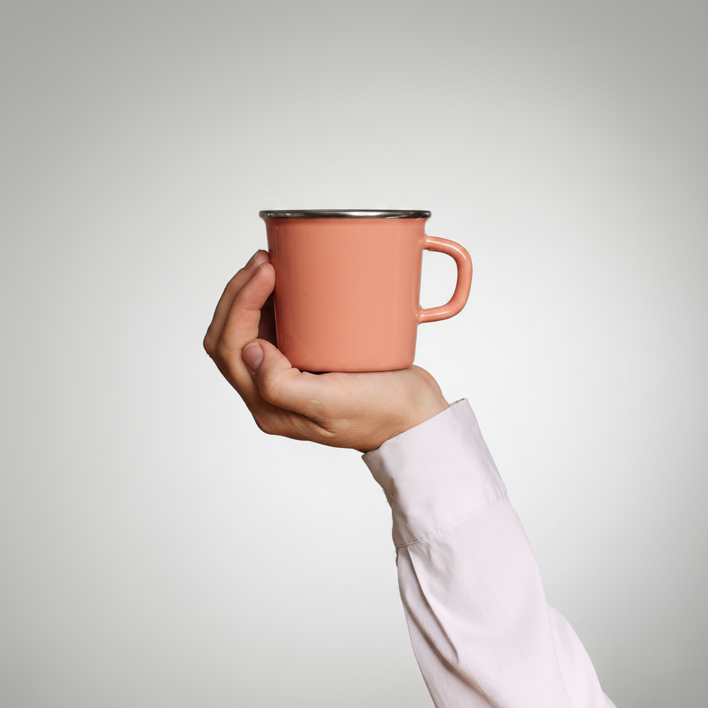 Emaille Henkeltasse YIV – Azzurro & Lachs | handgefertigt, zertifiziert, lebensmittelecht